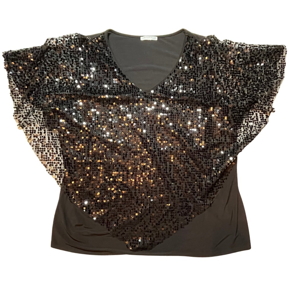 Black Sequin V-Neck Poncho Top XL Party Glam Date Night Cocktail Whimsigoth Club